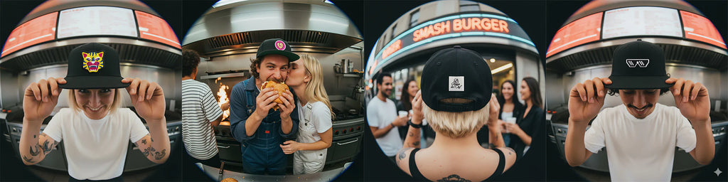 Jeune homme et femme portant des casquettes Flexfit noires avec système velcro et écussons interchangeables devant un food truck. Casquette personnalisée avec design unique, disponible aussi en version porte-crayons pratique.